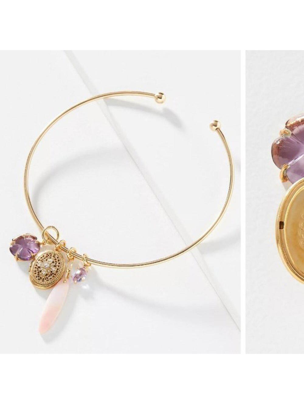 Anthropologie Locket Charm Choker Necklace 14K Gold Plated Semi Precious Stones